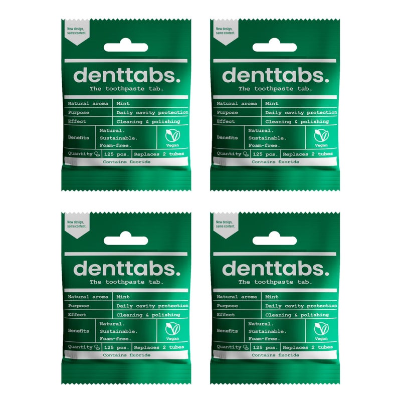 DENTTABS Teeth Cleaning Tablets with Fluoride - 4 Pack of 125 - The Full-Fledged Alternative to Toothpaste Mint - Vegan, Plastic-Free, Without Preservatives - Original DENTTABS Compostable Bag